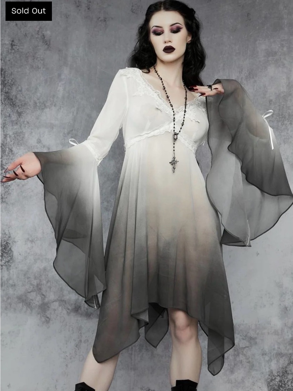 Dolls Kill Widow ombre Lace-Trim Long Sleeve Dress in White and Gray.